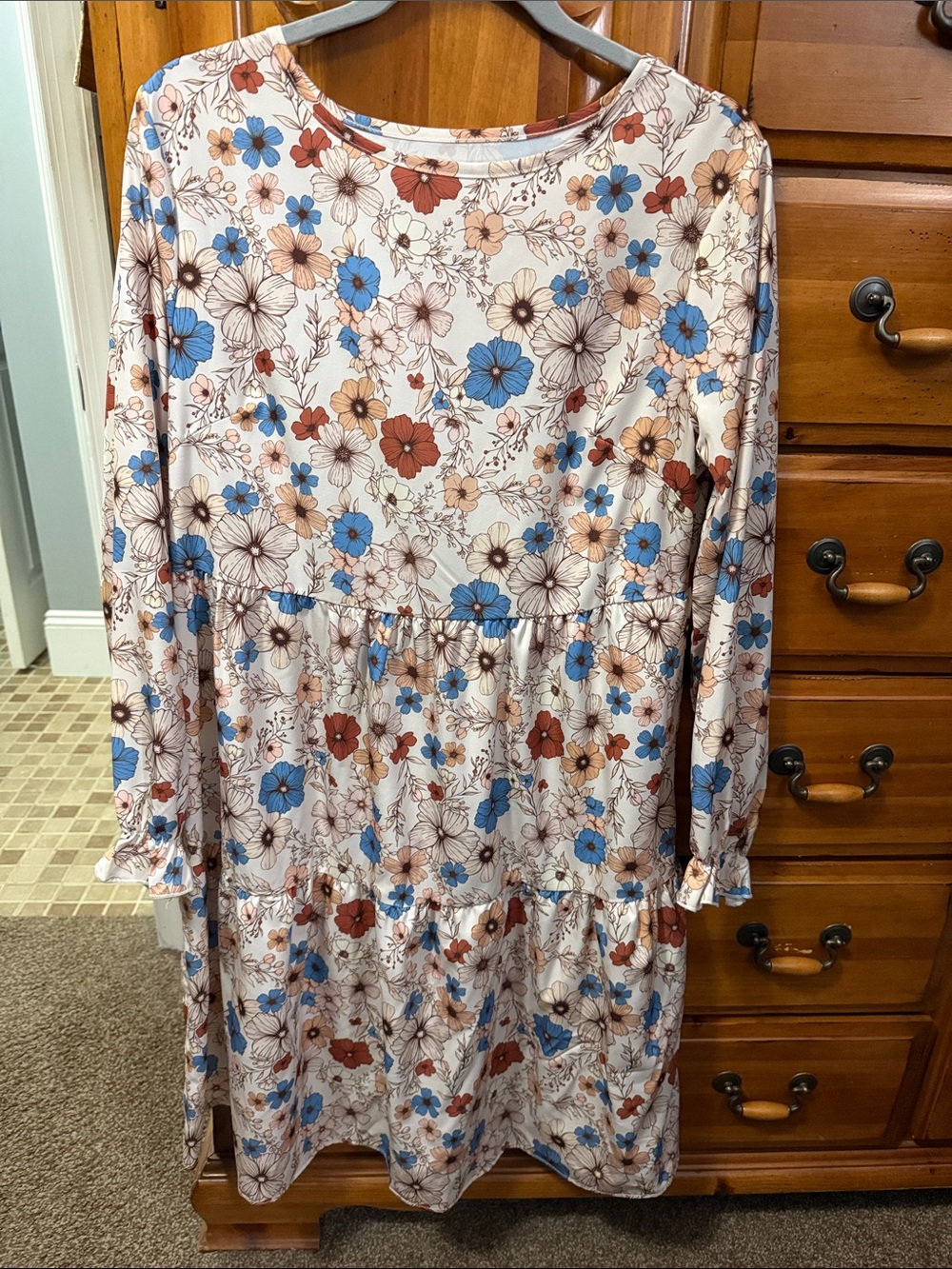Floral Tiered Long-Sleeve Dress - Blue & Brown Floral